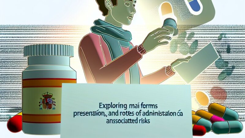 Esquema de las principales formas de presentación de un medicamento, su vía común de suministro y riesgos asociados, con ejemplos