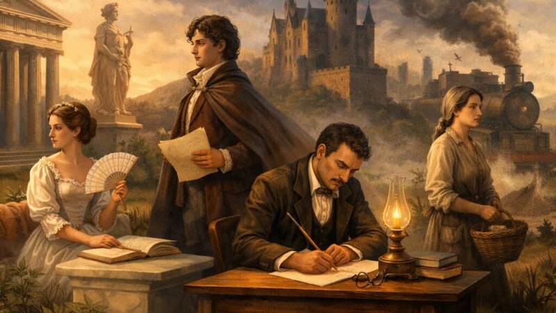 Evolución literaria en España: Neoclasicismo, Romanticismo, Realismo y Naturalismo