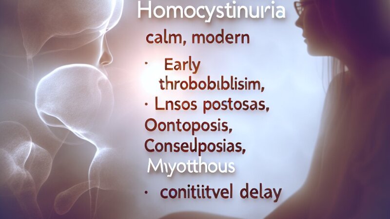 Homocistinuria: tromboembolismo temprano, dislocación, osteoporosis, crisis convulsivas, miopatía y retraso mental