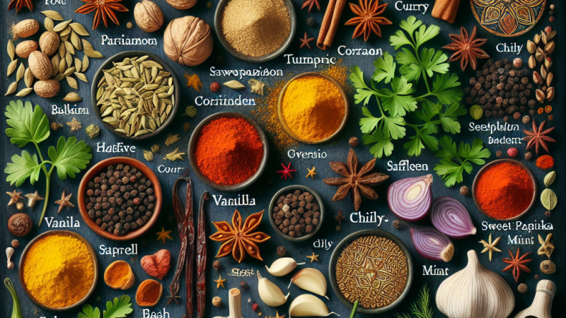 Uso y propiedades de especias: anís en grano (matalahúva), cardamomo, cilantro, cúrcuma, nuez moscada, pimentón dulce, pimentón picante, vainilla, azafrán, guindillas (cayena), curry, perejil, hierbabuena, albahaca, ajo, cebolla, ajonjolí, eneldo,...